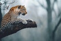 Perched on a tree branch, a stealthy leopard gazes intensely at distant prey, showcasing wildlife, Generated AI Royalty Free Stock Photo