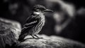 Perching bird on branch, black and white, close up view generated by AI