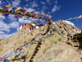 Perching Fort and Namgyal with praying colored flags of Leh in Ladakh, India.