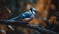 Perching nuthatch on autumn branch, tranquil scene generated by AI