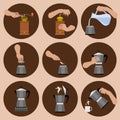 Percolator Coffee Brewing Instruction Vector Illustration Icons Set