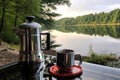 percolator coffee brewing by a tranquil lakeside