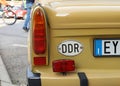 DDR, old international vehicle code for East Germany or Democratic republic og Germany, on the back of Trabant car model.