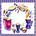 Percussion instruments. Circle filled with hand drawn doodles of ethnic drums on a white background. Music design frame.