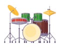 Percussion musical instrument, drum kit with sound barrels, plates, sticks.