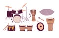 Percussion rhythm music instruments set of different types. Drum kit with cymbals, gong and stick, African bongo, wooden