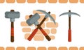 Percussion tool kit, pickaxe and hammer. Hand tool with solid head, vector illustration