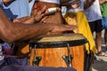 Percussionist playing atabaque during folk samba performance Royalty Free Stock Photo