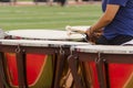 Percussionist playing the timpani drums at rehearesal