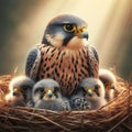 Peregrin falcon in the nest with babies Royalty Free Stock Photo