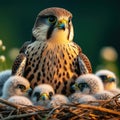 Peregrin falcon in the nest with babies Royalty Free Stock Photo