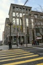 The old renovated gray tuff store building at the intersection of Abovyan street with Arami street in Yerevan, the capital of Arme