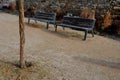 Perennial bed mulched with gray gravel in front of a limestone stone wall in a square with benches with wood paneling, beige path Royalty Free Stock Photo