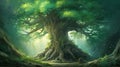 Perennial tree growing in the middle of enchanted forest, fantasy landscape. Generative AI illustration