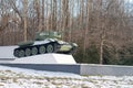 Military cemetery. Memorial complex on the common grave of Soviet soldiers. Tank on the grave of soldiers. Kaliningrad region