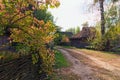 Winding narrow dirt village road. Picturesque landscape of ancient Ukrainian village