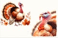 watercolor illustration of a turkey, featuring vibrant feathers and a whimsical design.
