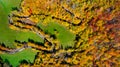 Aerial drone view of forest road in the mountains. Colourful landscape with rural road, trees with yellow leaves Royalty Free Stock Photo