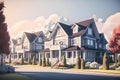 Perfect american neighbourhood. Houses in suburban area at summer day, neural network generated image Royalty Free Stock Photo