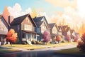 Perfect american neighbourhood. Houses in suburban area at summer day, neural network generated image Royalty Free Stock Photo