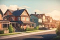 Perfect american neighbourhood. Houses in suburban area at summer day, neural network generated image Royalty Free Stock Photo