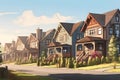 Perfect american neighbourhood. Houses in suburban area at summer day, neural network generated image