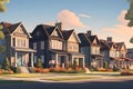 Perfect american neighbourhood. Houses in suburban area at summer day, neural network generated image Royalty Free Stock Photo