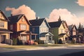 Perfect american neighbourhood. Houses in suburban area at summer day, neural network generated image Royalty Free Stock Photo