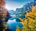 Perfect autumn scene of Vorderer/Gosausee lake. Impressive morning view of Austrian Alps, Upper Austria, Europe. Beauty of nature