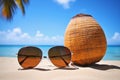 A Perfect Beach Day with Sunglasses and a Coconut on tropical beach, with background Royalty Free Stock Photo