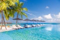 Perfect beach scenery with coconut palm tree around swimming pool in hotel and resort at sunny weather Royalty Free Stock Photo