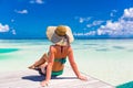 Close up portrait of beautiful young woman enjoying the sun at beach. Summer travel concept design. Summer beach vacation holiday Royalty Free Stock Photo