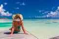 Close up portrait of beautiful young woman enjoying the sun at beach. Summer travel concept design. Summer beach vacation holiday Royalty Free Stock Photo