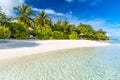 Perfect beach view. Summer holiday and vacation design. Inspirational tropical beach, palm trees and white sand. Tranquil Royalty Free Stock Photo