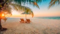 Beautiful Maldives island beach landscape. Chairs and umbrella for summer vacation and holiday background. Exotic tropical beach c