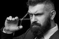 Perfect beard. Haircuts for men. Stylish and hairstyle. Hair salon and barber vintage. Barber shop. Barber on black Royalty Free Stock Photo