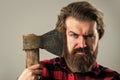 Perfect beard. logger or axeman concept. brutal bearded man lumberjack in checkered shirt