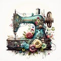 A Perfect Blend of Classic and Modern: Vintage Sewing Machine with Watercolor Flowers AI Generated