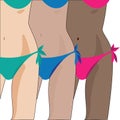 Beautiful women in a swim suit, with different skin tones: white, light brown and brown.