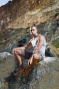 Perfect body man sitting Royalty Free Stock Photo