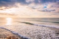 Perfect breaking barrel ocean wave. Landscape with sunrise colors
