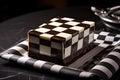 Perfect checkerboard cake with alternating layers of vanilla and chocolate sponge. Generated AI