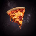 Perfect cheesy pizza slice black background fast food