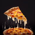 Perfect cheesy pizza slice black background fast food