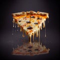 Perfect cheesy pizza slice black background fast food
