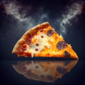 Perfect cheesy pizza slice on black space background fast food