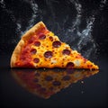 Perfect cheesy pizza slice on black space background fast food