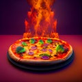 Perfect cheesy pizza slice on hot volcanic lava fiery background fast food