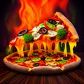 Perfect cheesy pizza slice on hot volcanic lava fiery background fast food Royalty Free Stock Photo