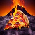 Perfect cheesy pizza slice on hot volcanic lava fiery background fast food Royalty Free Stock Photo